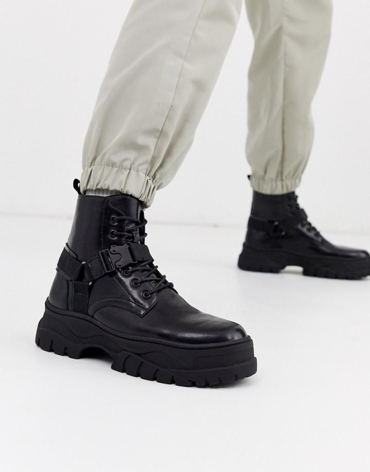 Asos Design Lace Up Boot In Black Faux Leather With Strap Detail On Chunky Sole