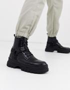 Asos Design Lace Up Boot In Black Faux Leather With Strap Detail On Chunky Sole