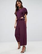 Asos Tea Jumpsuit With Ruffles And Cut Out - Purple