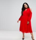 Truly You Long Sleeve Midi Dress With Cold Shoulder And Choker Detail-red