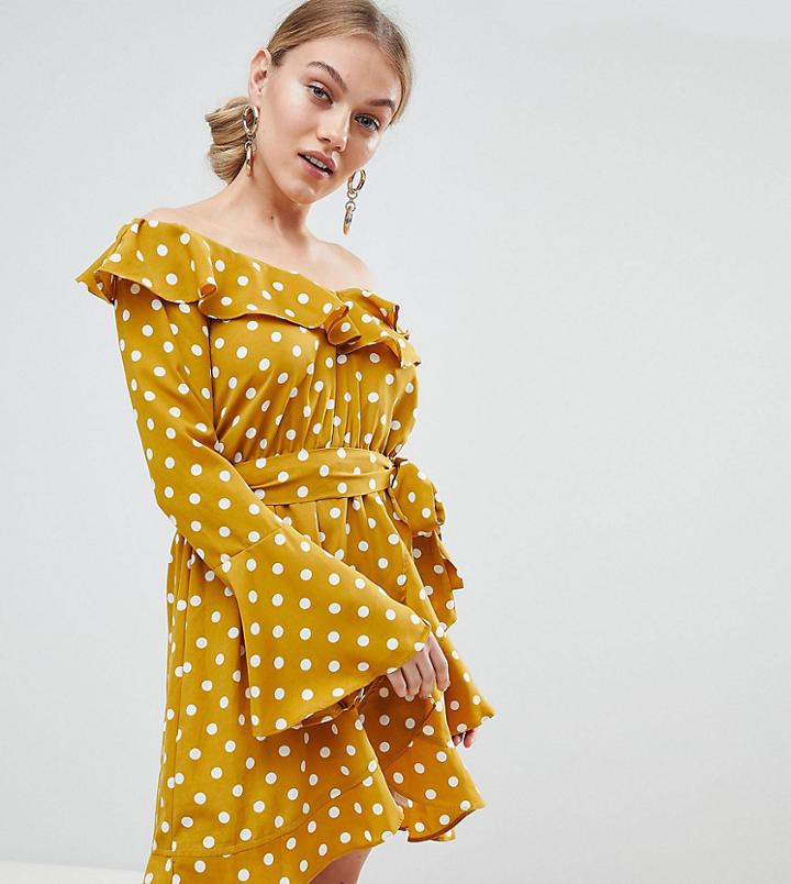 Boohoo Petite Bardot Polka Dot Skater Dress - Yellow
