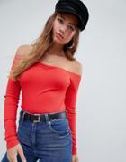 Asos Design Off Shoulder Bardot Top In Rib In Red - Red