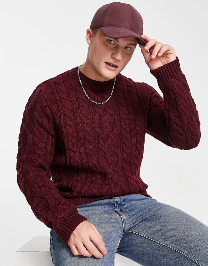 Asos Design Heavyweight Cable Knit Jumper In Burgundy-red