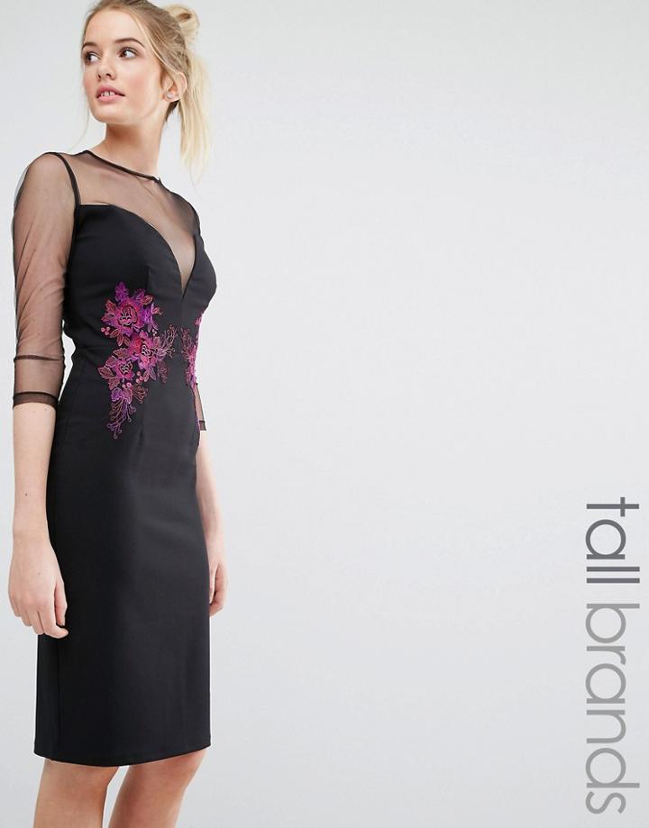 Little Mistress Tall Mesh Sleeve Detail Pencil Dress With Contrast Floral Embroidery - Black