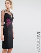 Little Mistress Tall Mesh Sleeve Detail Pencil Dress With Contrast Floral Embroidery - Black