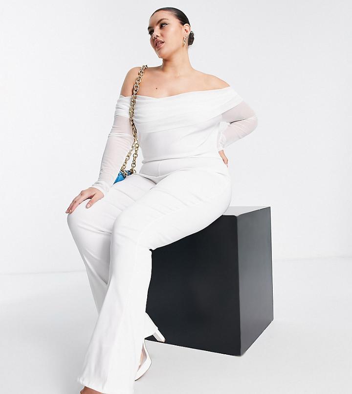 Asyou Plus Mesh Bardot Flare Jumpsuit In White