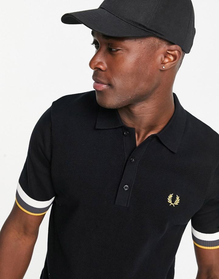 Fred Perry Striped Cuff Knitted Polo Shirt In Black