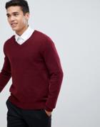 Asos Design Lambswool V-neck Sweater In Burgundy - Red