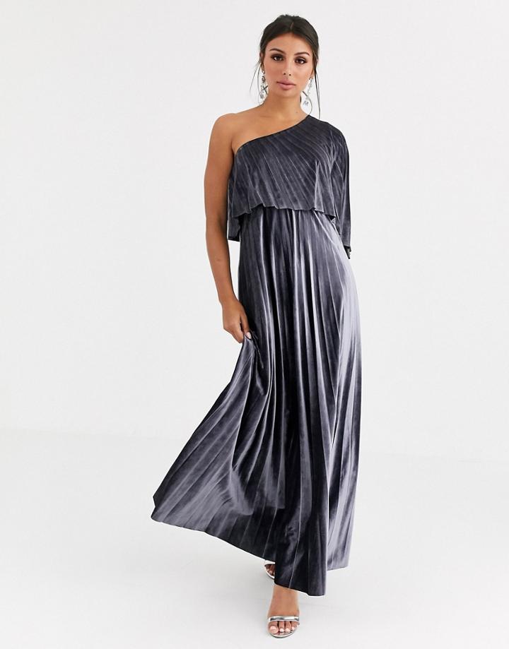 Asos Design One Shoulder Pleated Crop Top Maxi Dress In Velvet-silver