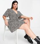 Asos Design Curve Button Through Tie Back Mini Tea Dress With Angel Sleeve In Animal Print-multi