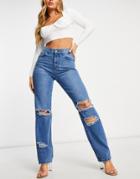 Femme Luxe Baggy Jeans With Rips In Mid Blue-blues