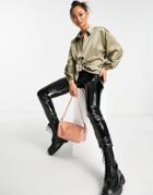 River Island Satin Twist Front Shirt In Khaki-green