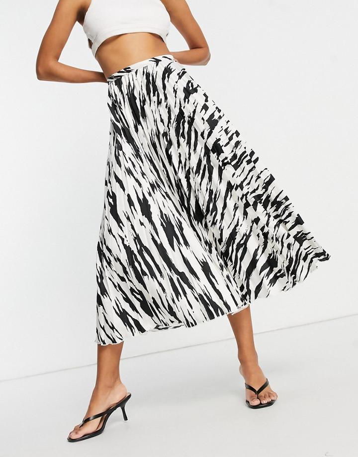 Asos Design Satin Pleated Midi Skirt In Mono Zebra Print-multi