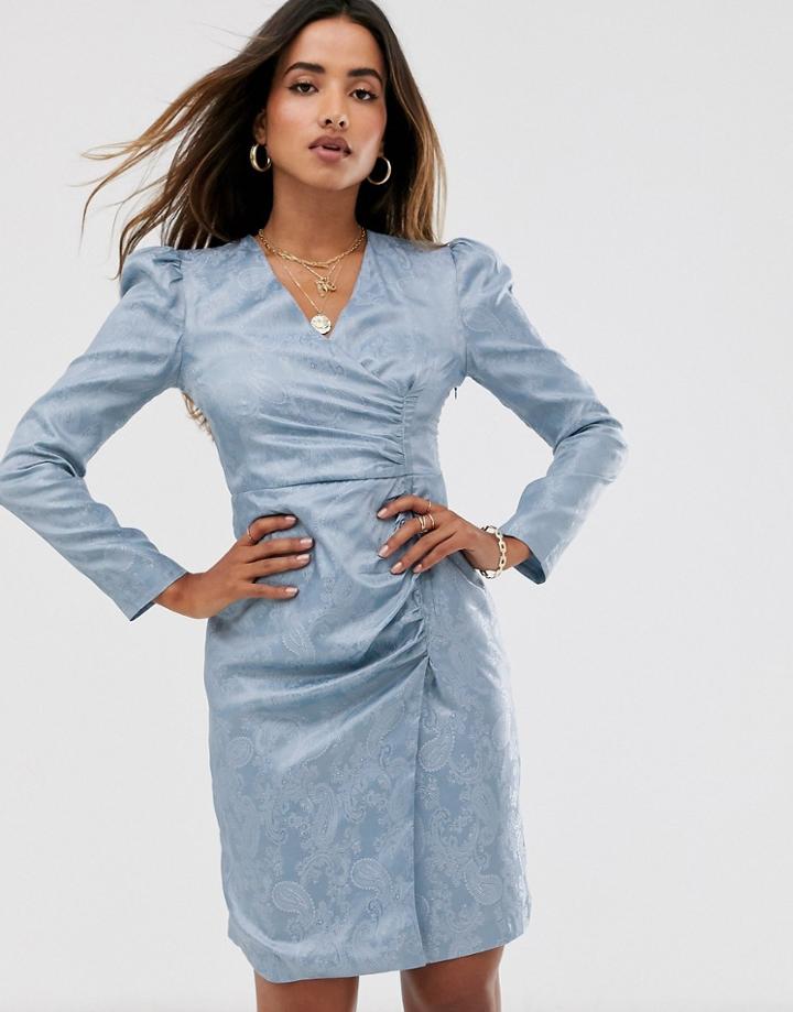 Unique21 Puff Jacquard Sleeve Dress-blue
