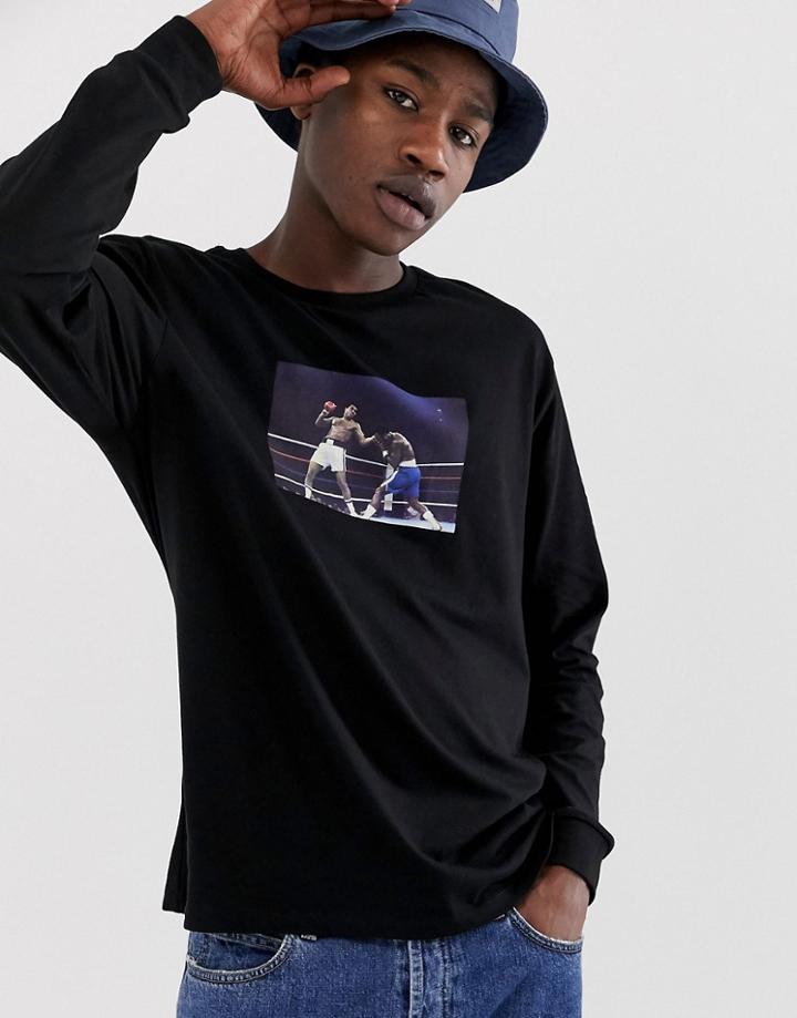 Asos Design Muhammad Ali Relaxed Fit Long Sleeve T-shirt With Chest And Spine Print-black