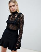 Prettylittlething Lace Ruffle Frill Blouse In Black - Black