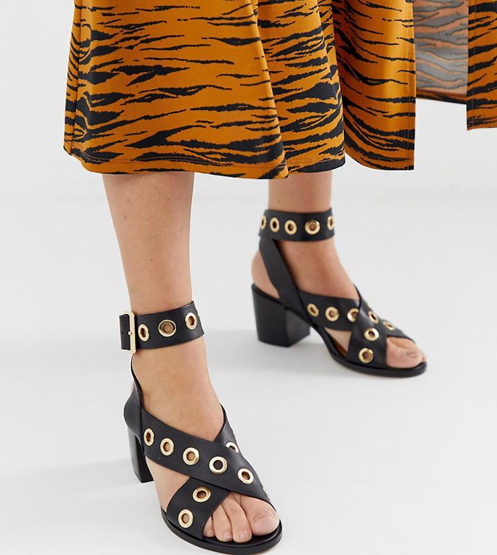 River Island Heeled Sandals With Eyelet Detail In Black - Black