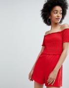 Bershka Off The Shoulder Romper In Red - Red