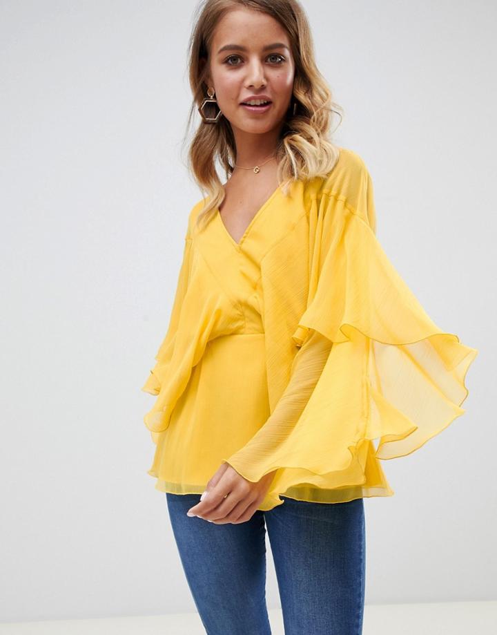 Asos Design V Neck Top With Floaty Sleeve Detail - Yellow
