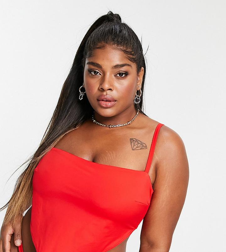 Asos Design Curve Hanky Lace Up Back Bikini Top In Red-multi