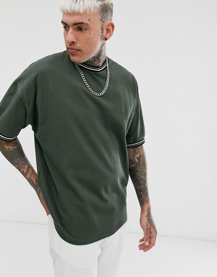 Asos Design Pique Oversized T-shirt With Contrast Tipping In Khaki-green