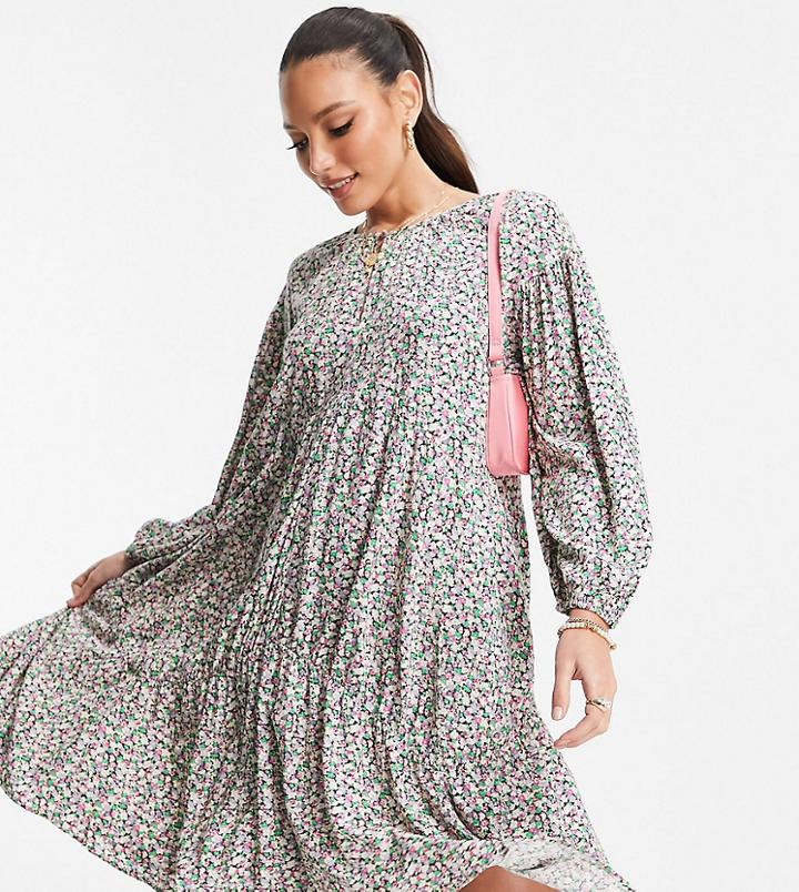 Only Tall Smock Mini Dress In Colorful Ditsy Floral Print-black