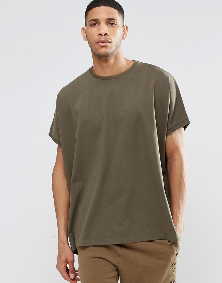 Asos Extreme Oversized T-shirt In Heavyweight Jersey In Khaki - Camo Khaki