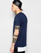 Asos Super Longline T-shirt In Navy With Contrast Back Hem Extender