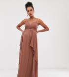 Asos Design Maternity Cami Maxi Dress With Soft Layered Skirt And Ruched Bodice - Brown