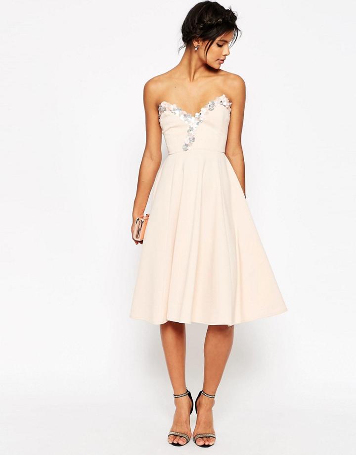 Asos Embellished Midi Skater Dress - Nude