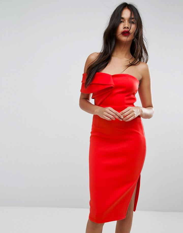 Asos One Shoulder Folded Bodycon Midi Dress - Red