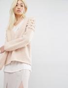 Oneon Hand Knitted Jumper In Plunge Neck With Pom Pom Shoulder - Pink