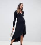 Asos Design Maternity Button Through Midi Dress With Dip Hem - Black