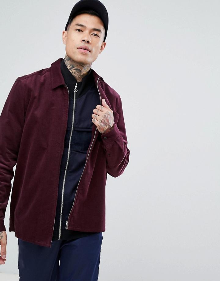 Asos Cord Zip Thru Overshirt In Burgundy - Red