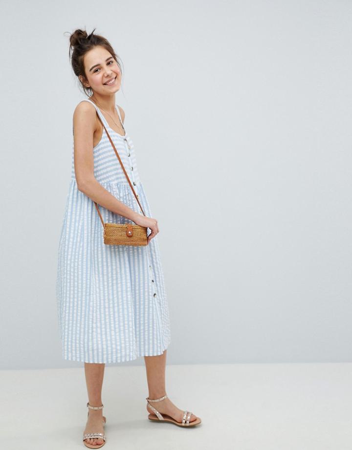 Asos Button Through Seersucker Smock Midi Sundress In Stripe - Multi