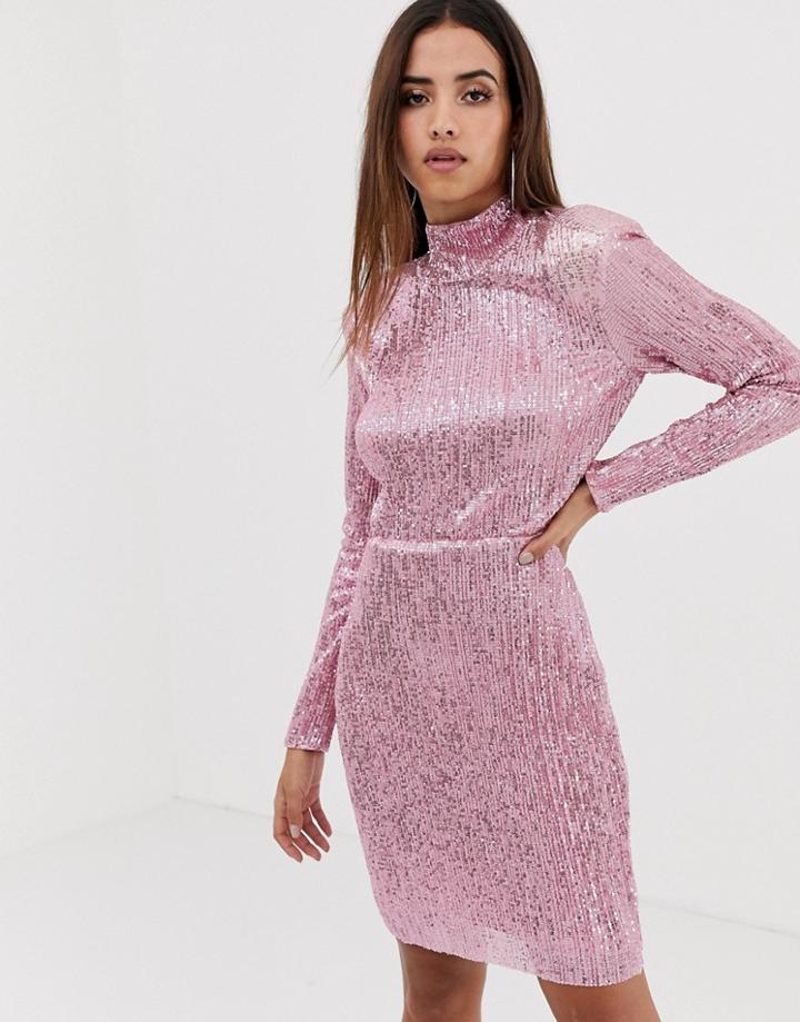 Club L High Neck Open Back Sequin Maxi Dress-pink