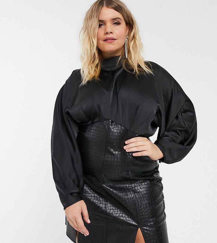 Asos Design Curve Midi Pencil Dress In Croc Pu And High Neck Satin Top