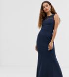 Little Mistress Petite Embellished Neck Pleated Maxi Dress In Navy