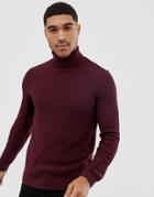 Asos Design Muscle Fit Cable Roll Neck Sweater In Burgundy - Red