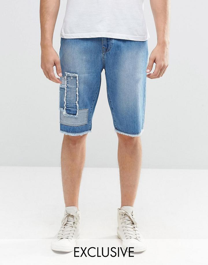 Brooklyn Supply Co Patched Worked Short In Mid Wash With Raw Hem - Mid Wash