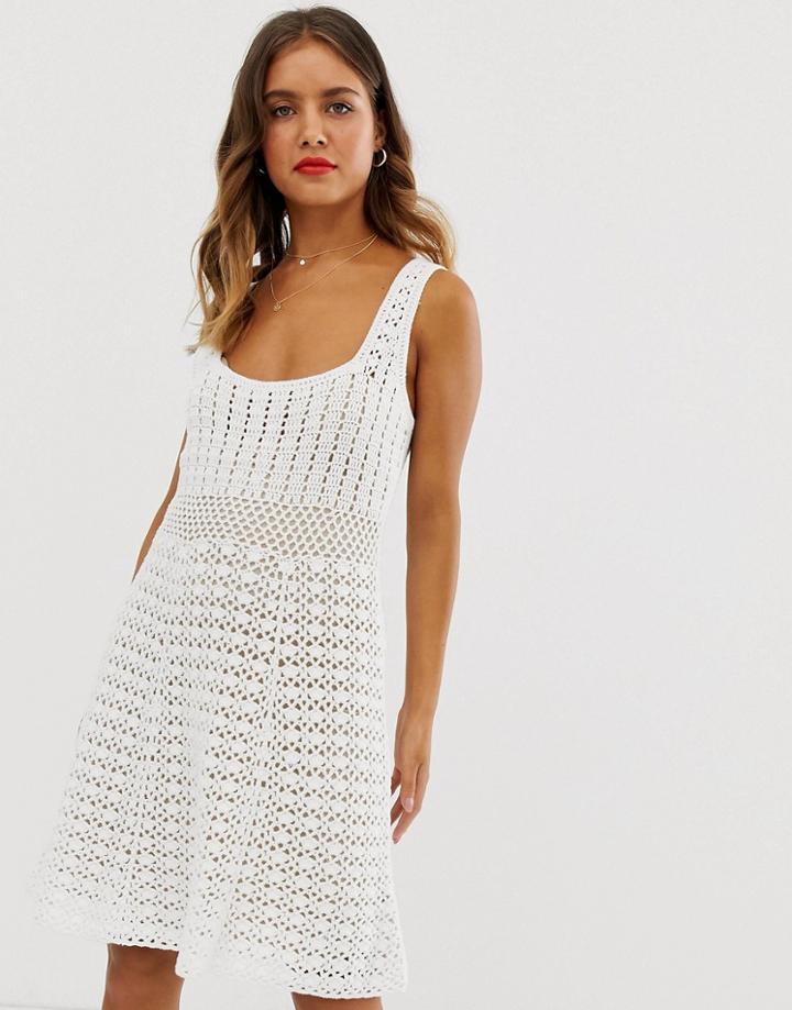 Asos Design Premium Hand Crochet Dress With Square Neck - Cream