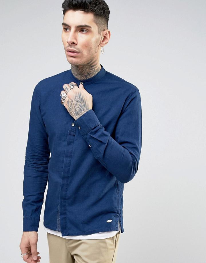 Scotch And Soda Linen Shirt With Grandad Collar - Navy
