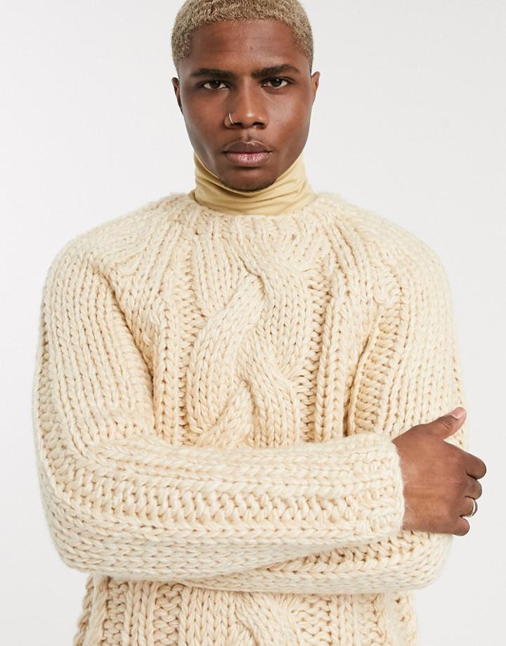 Asos Design Heavyweight Hand Knitted Cable Sweater In Oatmeal