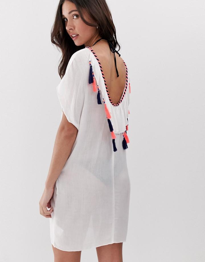 Anmol Scoop Neck Beach Dress With Tassel Detailing-white