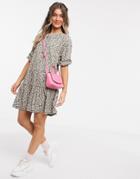 Asos Design Mini Smock Dress With Tiered Hem In Ditsy Print-multi