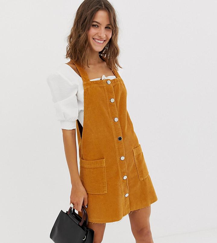 River Island Cord Pinny Dress With Button Through In Mustard - Brown