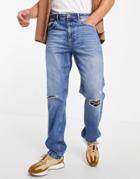 Asos Design Straight Leg Jeans In Vintage Mid Wash With Knee Rips-blues
