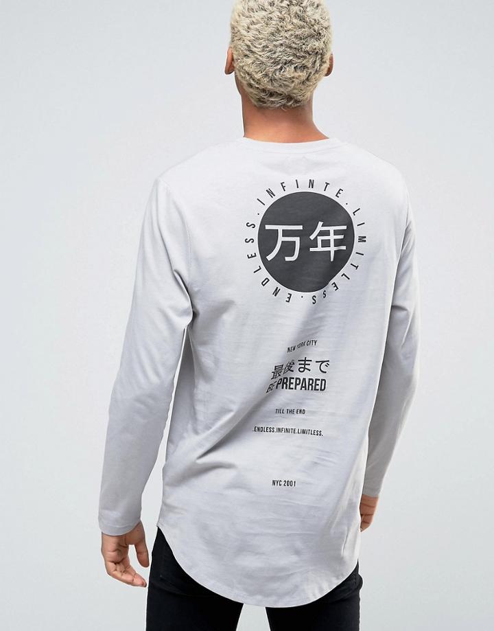 Asos Super Longline Long Sleeve T-shirt With Front & Back Print And Cu