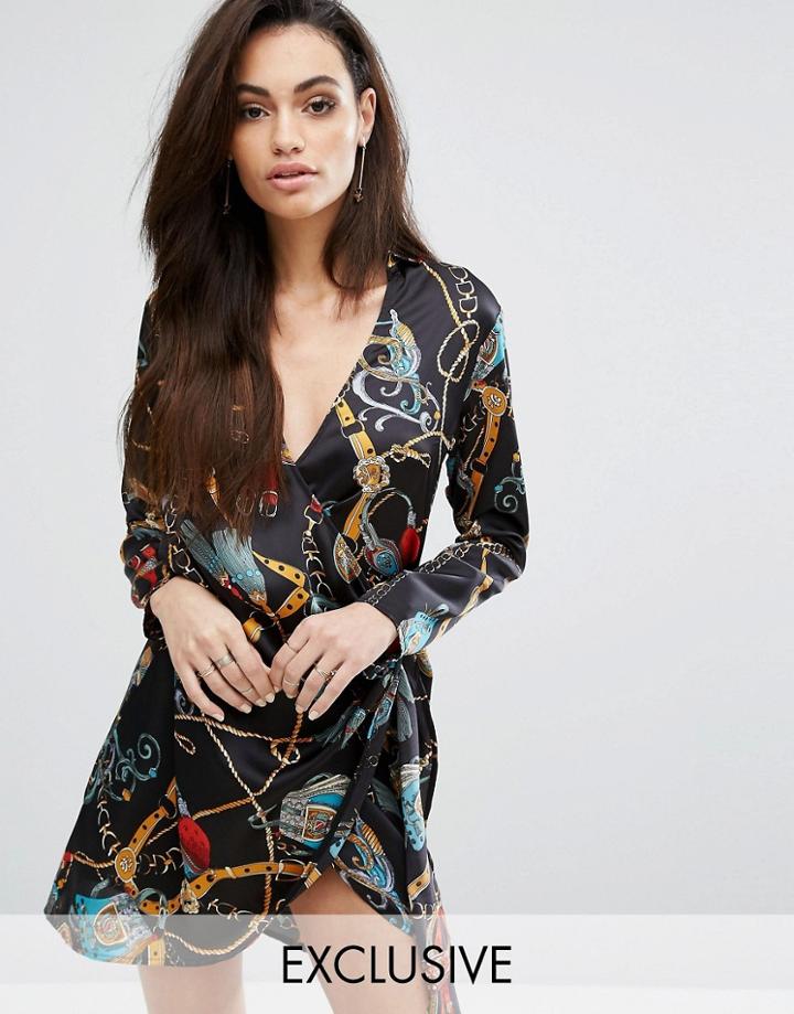 Prettylittlething Scarf Print Tie Front Wrap Dress - Black