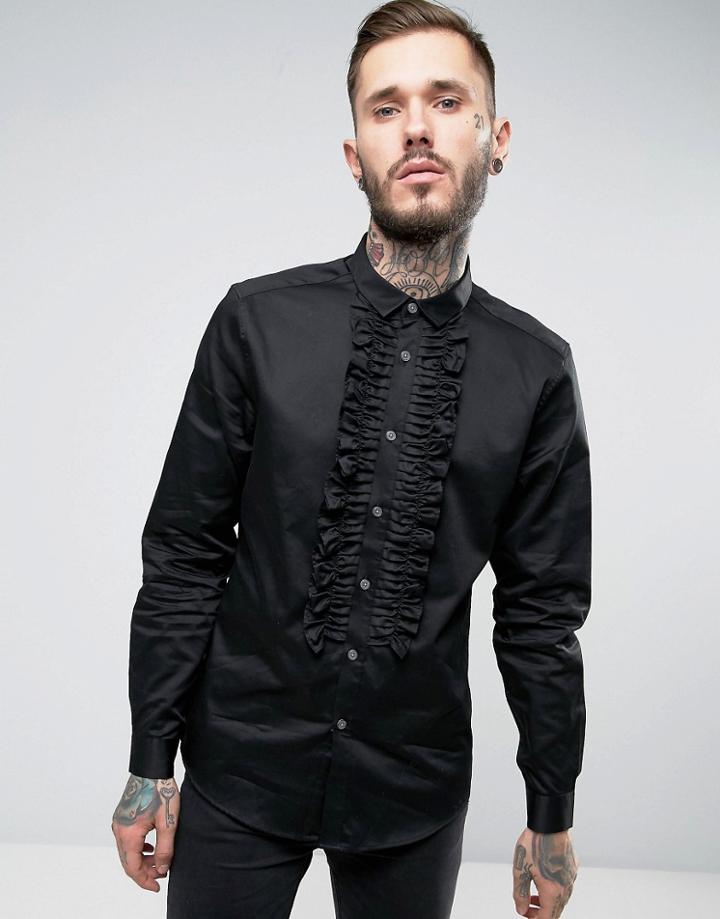 Asos Regular Fit Shirt In Black With Ruffle Front - Black